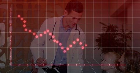 Doctor analyzing medical data with family discussion overlaid on red grid