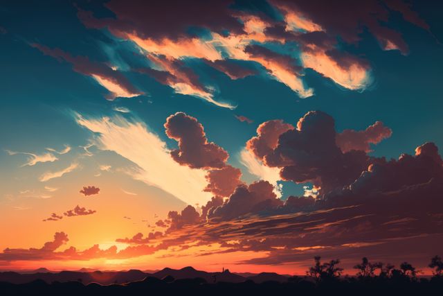 This image features a breathtaking sunset over a mountain range with vibrant, colorful clouds. The dramatic sky creates an intense contrast with the dark silhouettes of the mountains. Ideal for travel brochures, nature documentaries, and inspirational backgrounds.