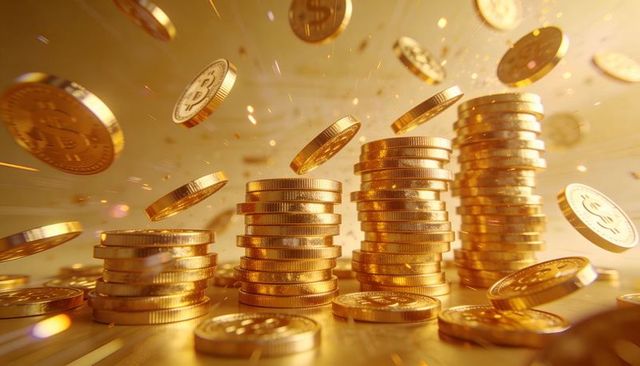Glittering gold crypto coin stacks with falling tokens representing digital currency wealth