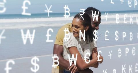 Romantic Couple Embracing on Beach with Currency Symbols Overlay