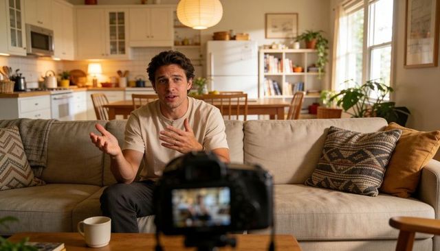 Casual male vlogger gesturing on sofa while recording lifestyle video in cozy home studio