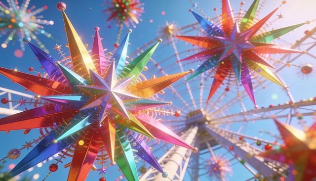 Glittering multicolored star ornaments reflecting sunlight against carnival ferris wheel