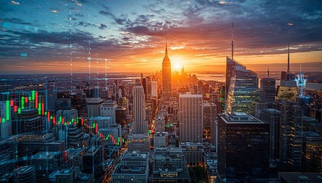 Sunset Cityscape Financial Overlay New York Skyline