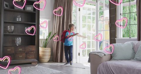 Excited Child with Backpack Greeting Parents at Home