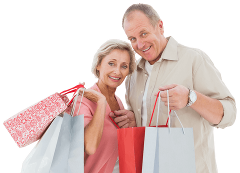 Senior Caucasian Couple Carrying Shopping Bags on Transparent Background