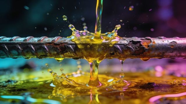 Pouring yellow liquid over rusted rebar creating crown splash and colorful reflections