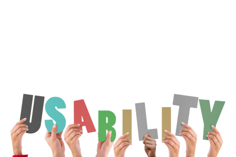Diverse hands holding usability text on transparent background