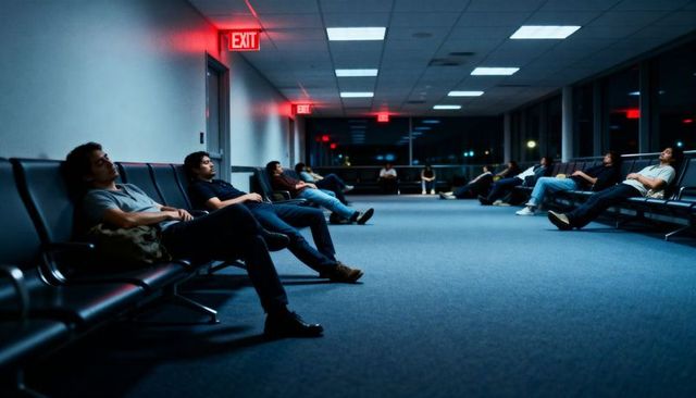 Late night airport terminal waiting passengers sleeping on benches under exit signs moody lighting
