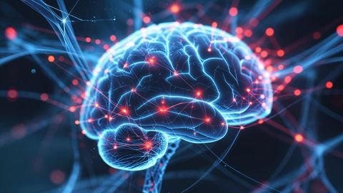 Glowing neural network brain in digital space