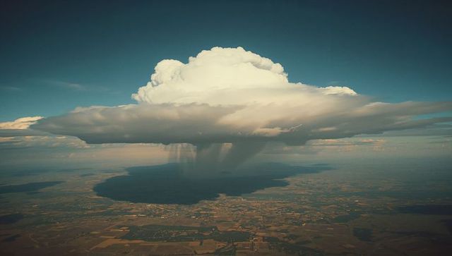 Cumulonimbus cloud casting rain shadow over rural farmland