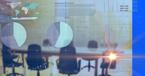Dynamic business statistics overlay on modern office environment