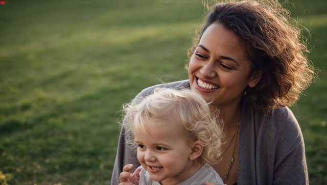 Smiling mother holding toddler on grassy park lawn, sharing warm sunlight and laughter
