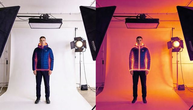 Split-Light Fashion Portrait Featuring Hooded Puffer Jacket with Neon Edge Glow