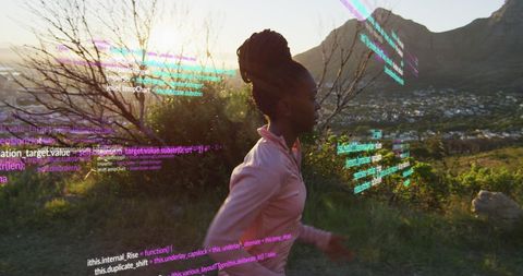 Digital Fitness Journey: Woman Running with Data Visualization