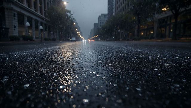Rain-soaked downtown avenue reflecting streetlights on wet asphalt, moody night cityscape