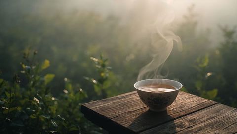 Steaming ceramic bowl resting on weathered wood at sunlit garden edge, morning mist