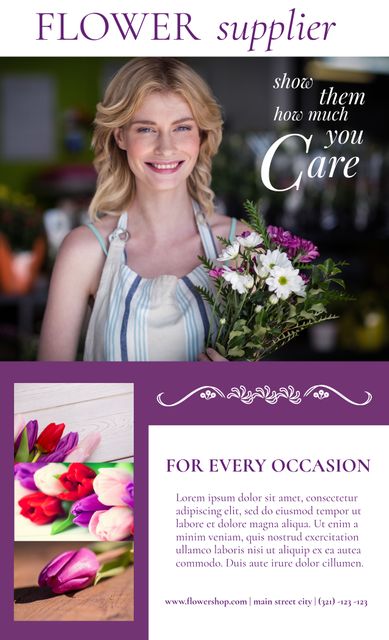 Smiling Woman Holding Flower Bouquet Promotes Floristry Business - Download Free Stock Templates Pikwizard.com