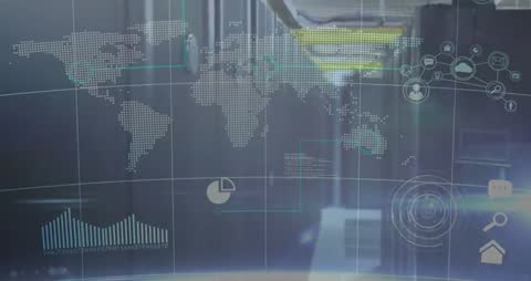 Dolly pushing through data center aisle with holographic HUD overlay and server racks