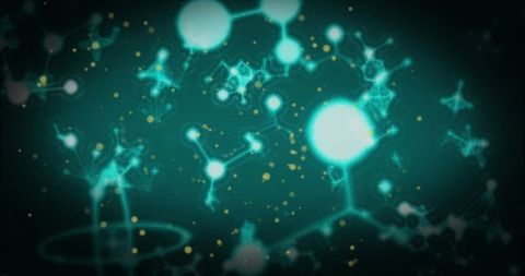 Glowing molecular network with turquoise nodes, central sphere and gold particles