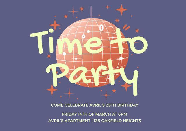 Perfect for announcing a disco-themed birthday celebration. Suitable for digital or printed invitations, ideal for spreading the word about a festive, adult birthday. Bold typography and vibrant colors grab attention, setting the fun tone for the event.