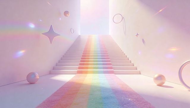 Pastel stairway to light with rainbow carpet, minimalist gallery and floating orbs