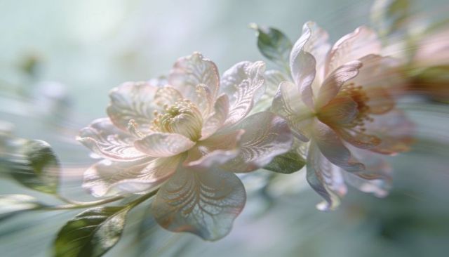 Pastel Pearlescent Blossoms with Veined Petals and Golden Stamens, Soft Bokeh Macro