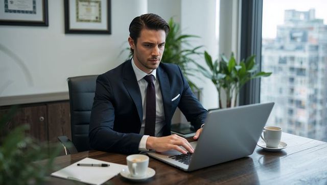 Focused businessman typing on laptop at executive desk with city view and coffee