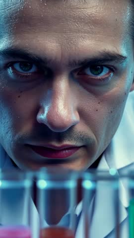 Intense chemist leaning over test tubes analyzing colored liquids in laboratory vertical video