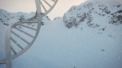 DNA Helix and Snowfall Digital Art over Snowy Mountain Landscape