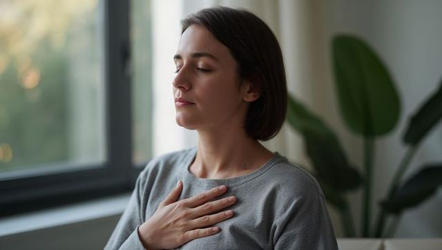 Young woman practicing deep breathing and mindfulness at home near window