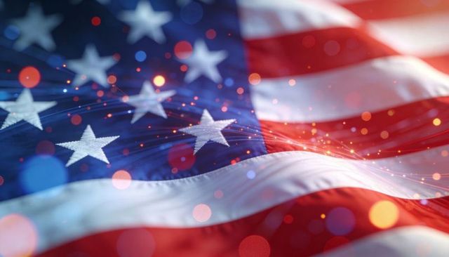Waving american flag with glowing bokeh and embroidered stars, red white blue banner
