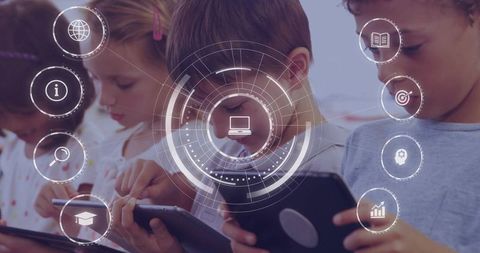 Elementary Students Using Tablets with Futuristic HUD Education Interface for Learning