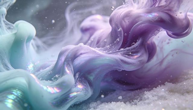 Flowing mint-lavender pigment ribbons curling with iridescent pearl sheen