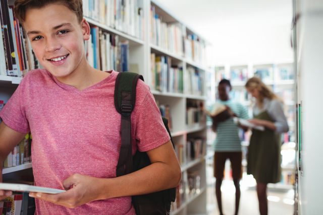 Schoolboy holding digital tablet and smiling in a library. Ideal for educational content, school promotions, technology in education, and youth-focused campaigns. Background includes other students reading, emphasizing a collaborative learning environment.