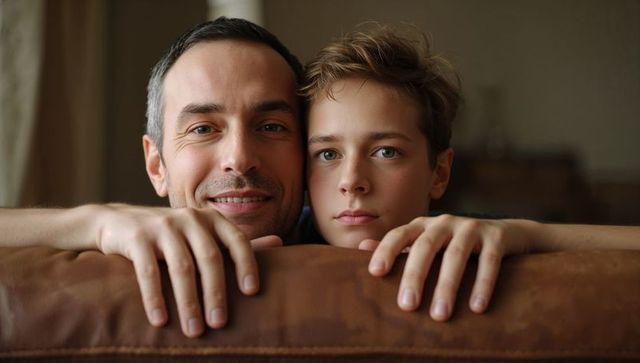 Father and teenage son leaning on leather sofa closeup warm family bond