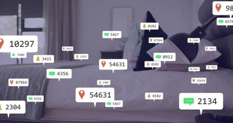 Displaying ar notifications floating over minimalist bedroom with bed lamp and blinds