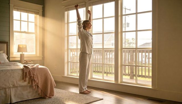 Woman stretching by sunlit window in pajamas morning routine calm cozy bedroom wellness