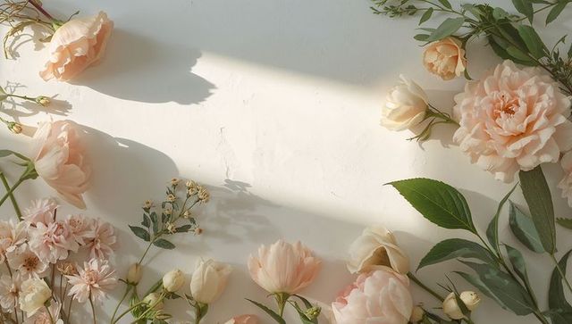 Soft peach floral border ruffled roses tulips buds green foliage on matte off-white