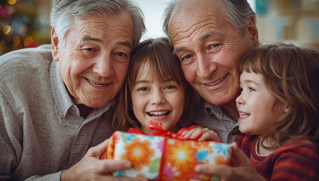 Grandparents and Grandchildren Sharing Festive Gift with Joy