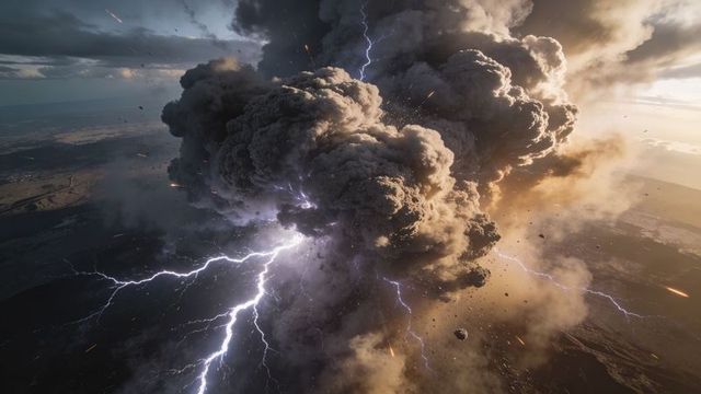 Volcanic eruption with billowing ash plume and forking lightning over river plains