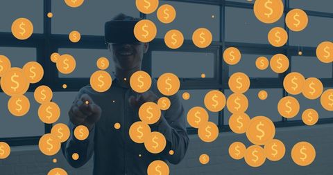 Person with vr headset surrounded by virtual currency symbols