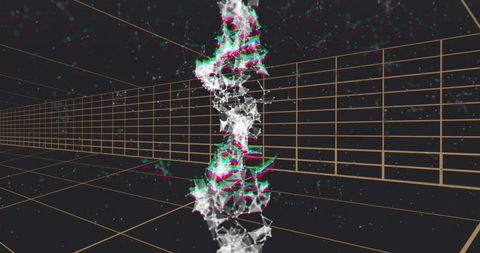 Twisting mesh column with rgb chromatic fringes inside golden grid 3d vr tunnel