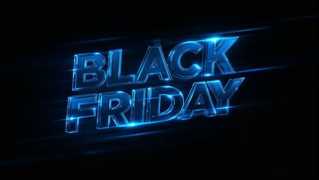 Neon blue black friday headline pulsing across dark banner futuristic 3d glow lens flare