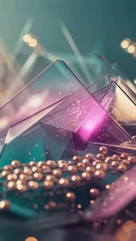 Vertical Abstract 3D Prisms Pulsing Pink Revealing Metallic Spheres with Bokeh Lights