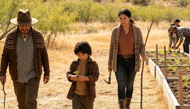 Family walking with seedling and tools beside raised garden beds in arid sunlit landscape