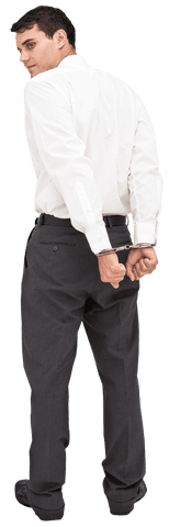 Handcuffed caucasian businessman smiling on transparent background