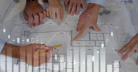 Team reviewing architectural blueprint with financial chart overlay for project planning