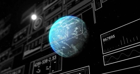 Digital Planet Hologram with Data Panels in Space