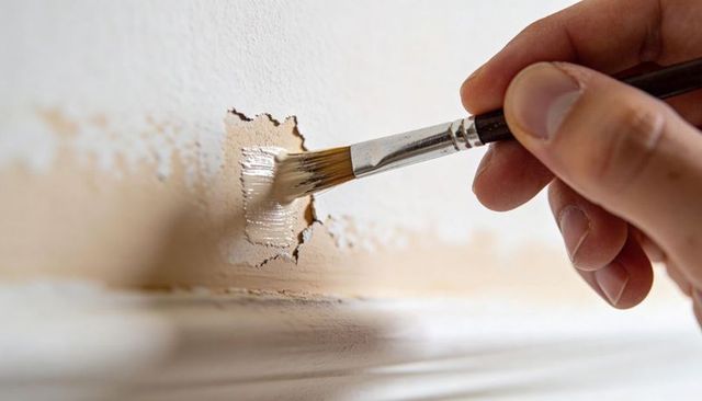Applying spackle with brush on chipped drywall near baseboard for DIY repair