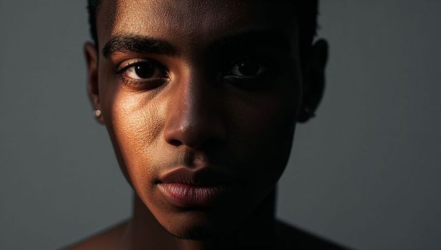 Moody chiaroscuro closeup of young Black male with stud earrings and dramatic lighting